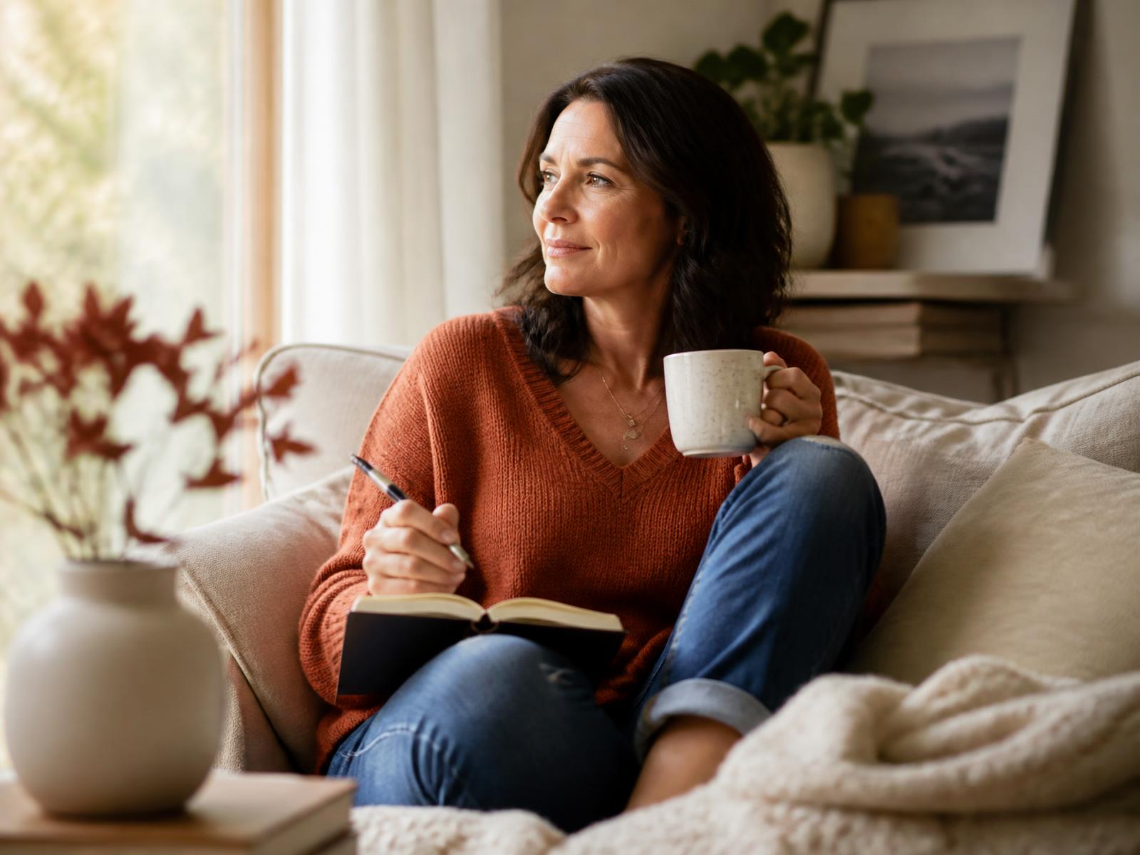 A woman sitting by a sunlit window with a journal and a cup of coffee